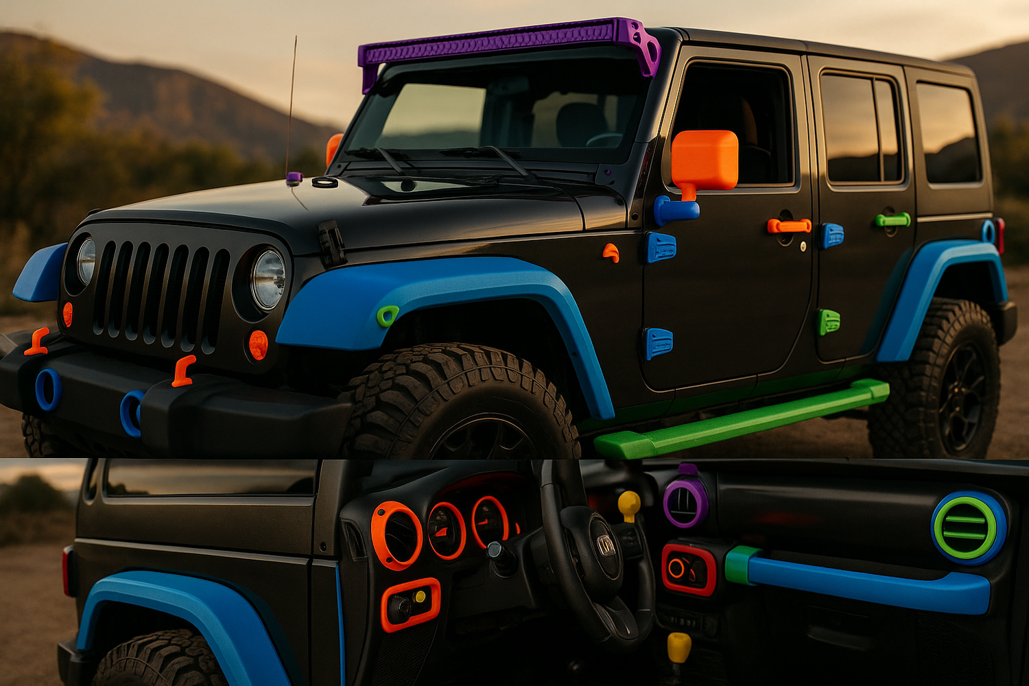 A stylish Jeep JK with colorful 3d printed accessories